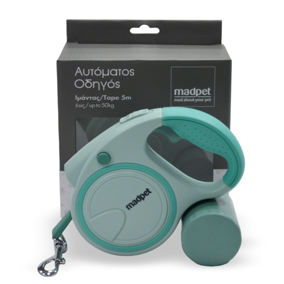 Πτυσσόμενος Οδηγός Ιμάντα 5m έως 50kg Πράσινος με Led & Θήκη για Σακούλες Madpet